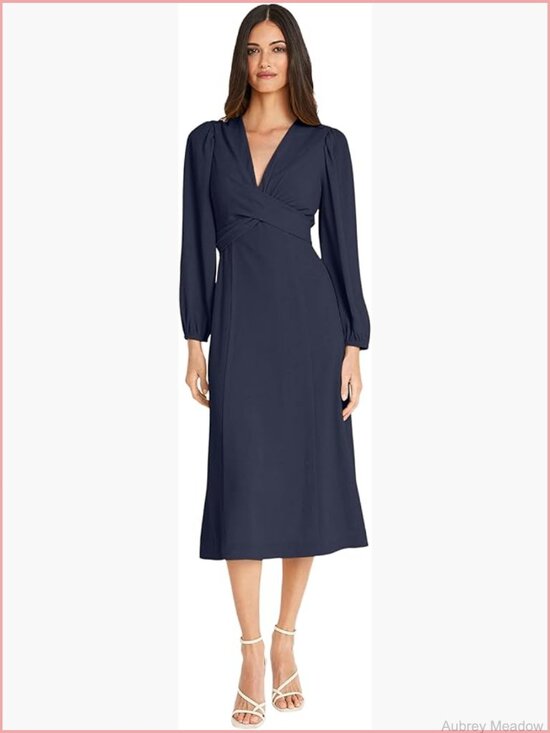 Dresses & Skirts - Twist Empire Waist Midi Dress with Long Puff Sleeves